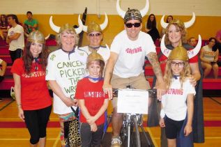 The SAMSTRONG team, (Wendy, Bonnie, Betty, Bill, Libby, Grace and Emma) at Sydenham High School's Inside Ride event that supports local kids cancer programs. 21614-
